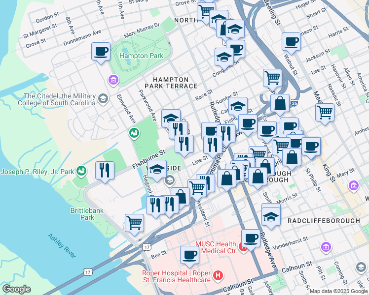 map of restaurants, bars, coffee shops, grocery stores, and more near 237b Fishburne Street in Charleston