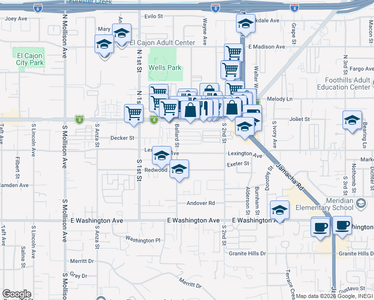 map of restaurants, bars, coffee shops, grocery stores, and more near 1186 East Lexington Avenue in El Cajon