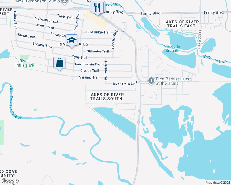 map of restaurants, bars, coffee shops, grocery stores, and more near 9086 Rushing River Drive in Fort Worth