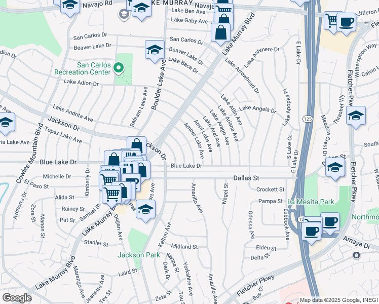 map of restaurants, bars, coffee shops, grocery stores, and more near 6252 Lake Albano Avenue in San Diego