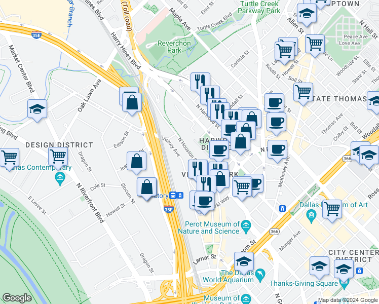 map of restaurants, bars, coffee shops, grocery stores, and more near 3110 North Houston Street in Dallas