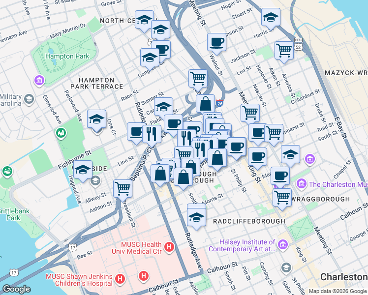 map of restaurants, bars, coffee shops, grocery stores, and more near 38 Ashe Street in Charleston