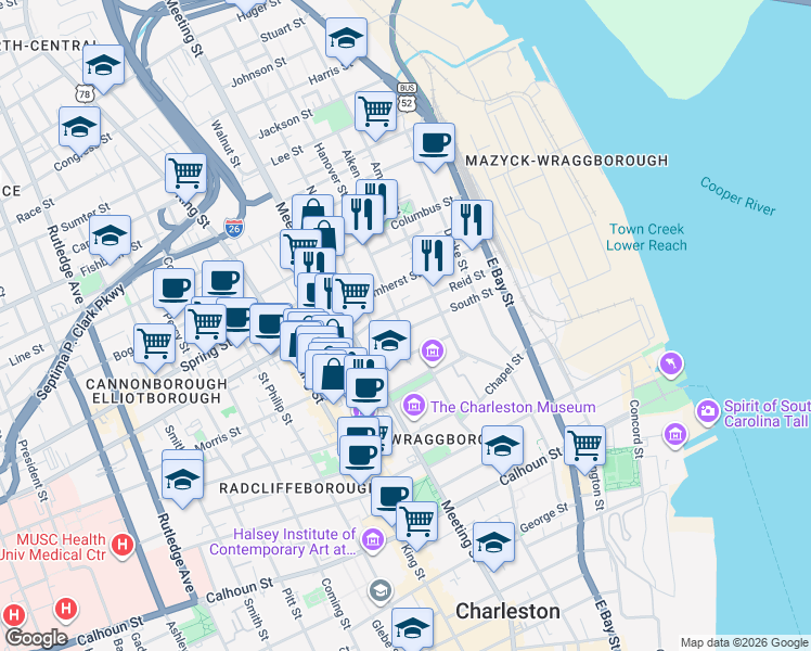 map of restaurants, bars, coffee shops, grocery stores, and more near 2 Hanover Street in Charleston