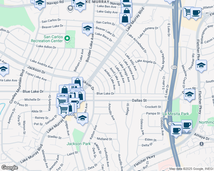 map of restaurants, bars, coffee shops, grocery stores, and more near 6252 Lake Albano Avenue in San Diego