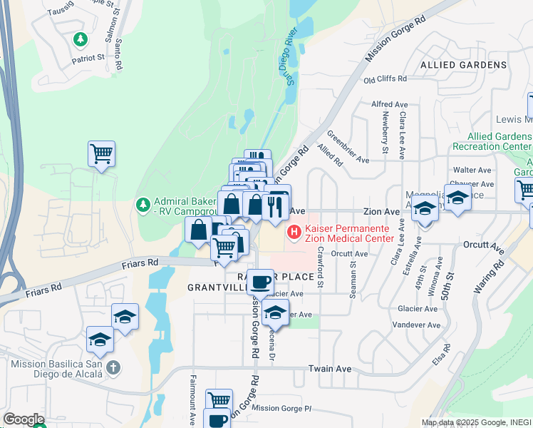 map of restaurants, bars, coffee shops, grocery stores, and more near 6585 Mission Gorge Road in San Diego