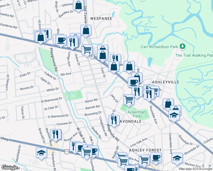map of restaurants, bars, coffee shops, grocery stores, and more near 1121 Armstrong Avenue in Charleston