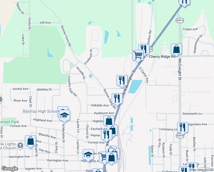 map of restaurants, bars, coffee shops, grocery stores, and more near 222 West Carter Avenue in Bastrop