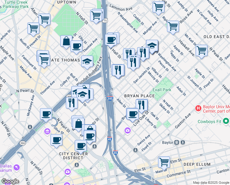 map of restaurants, bars, coffee shops, grocery stores, and more near in Dallas