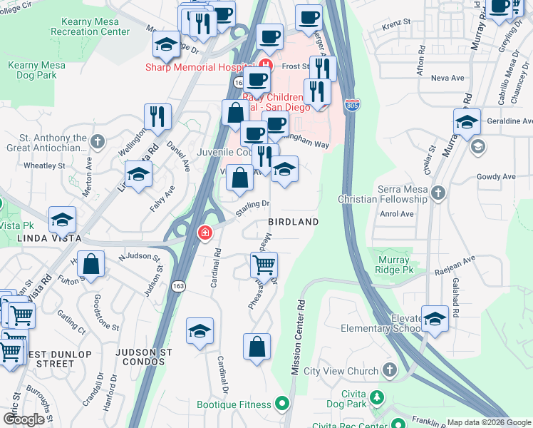 map of restaurants, bars, coffee shops, grocery stores, and more near 2752 Meadow Lark Drive in San Diego
