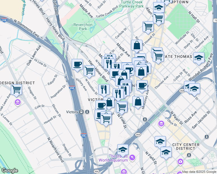 map of restaurants, bars, coffee shops, grocery stores, and more near 1855 Payne Street in Dallas