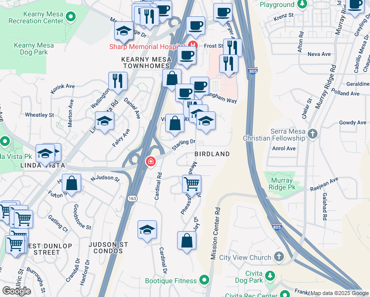 map of restaurants, bars, coffee shops, grocery stores, and more near 7799 Starling Drive in San Diego