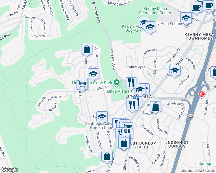 map of restaurants, bars, coffee shops, grocery stores, and more near 6840 Osler Street in San Diego