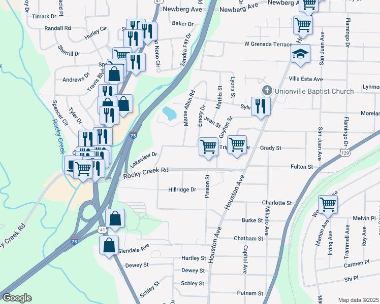 map of restaurants, bars, coffee shops, grocery stores, and more near 1234 Triple Hill Drive in Macon