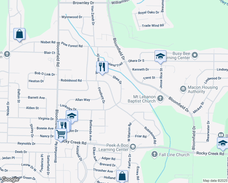 map of restaurants, bars, coffee shops, grocery stores, and more near 2437 Robinhood Road in Macon