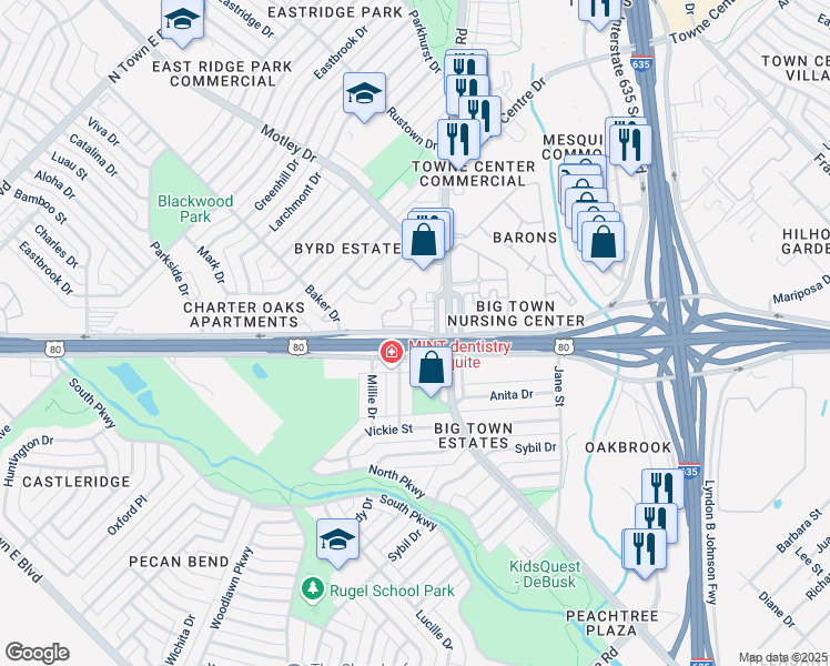 map of restaurants, bars, coffee shops, grocery stores, and more near 2453 U.S. 80 Frontage Road in Mesquite