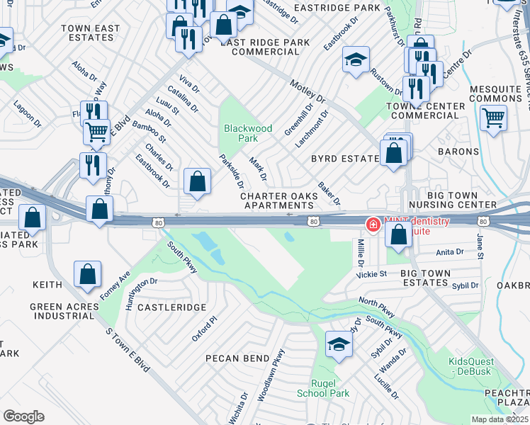map of restaurants, bars, coffee shops, grocery stores, and more near 2812-3298 Parkside Drive in Mesquite