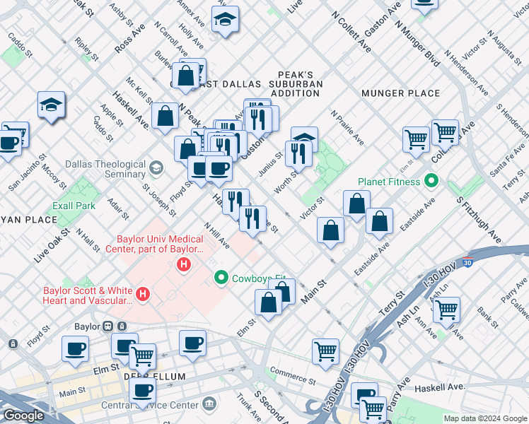 map of restaurants, bars, coffee shops, grocery stores, and more near 4205 Worth Street in Dallas