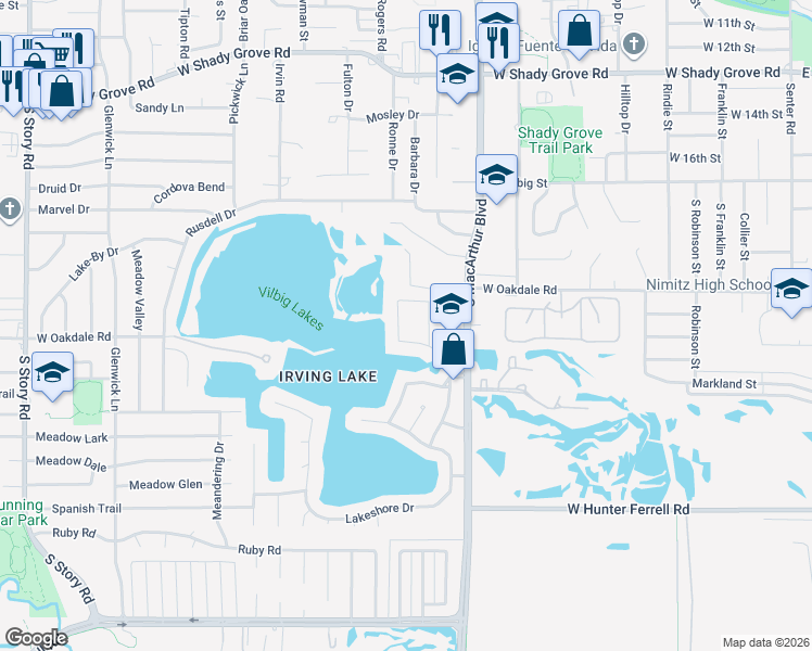 map of restaurants, bars, coffee shops, grocery stores, and more near 2105 Lake Bend Drive in Irving