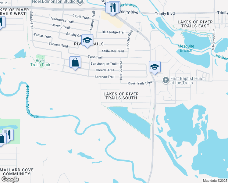 map of restaurants, bars, coffee shops, grocery stores, and more near 9016 Rushing River Drive in Fort Worth