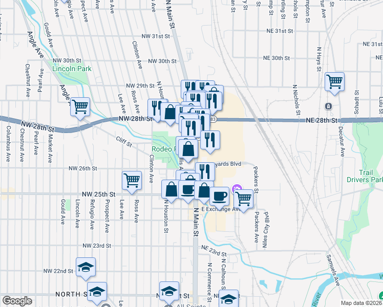 map of restaurants, bars, coffee shops, grocery stores, and more near 2616 Ellis Avenue in Fort Worth