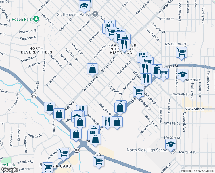 map of restaurants, bars, coffee shops, grocery stores, and more near 2600 Northwest 22nd Street in Fort Worth