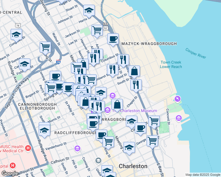 map of restaurants, bars, coffee shops, grocery stores, and more near 43 South Street in Charleston
