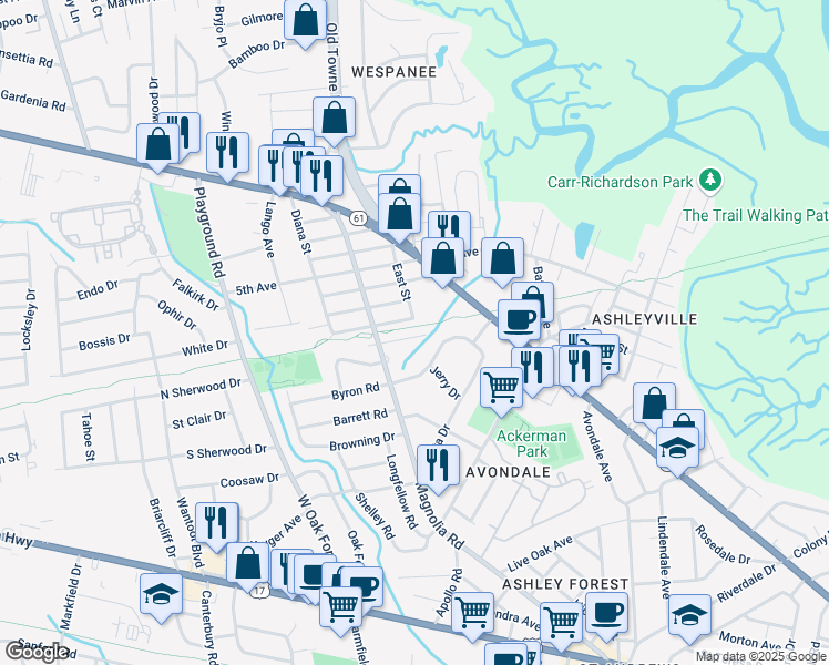 map of restaurants, bars, coffee shops, grocery stores, and more near 1121 Armstrong Avenue in Charleston