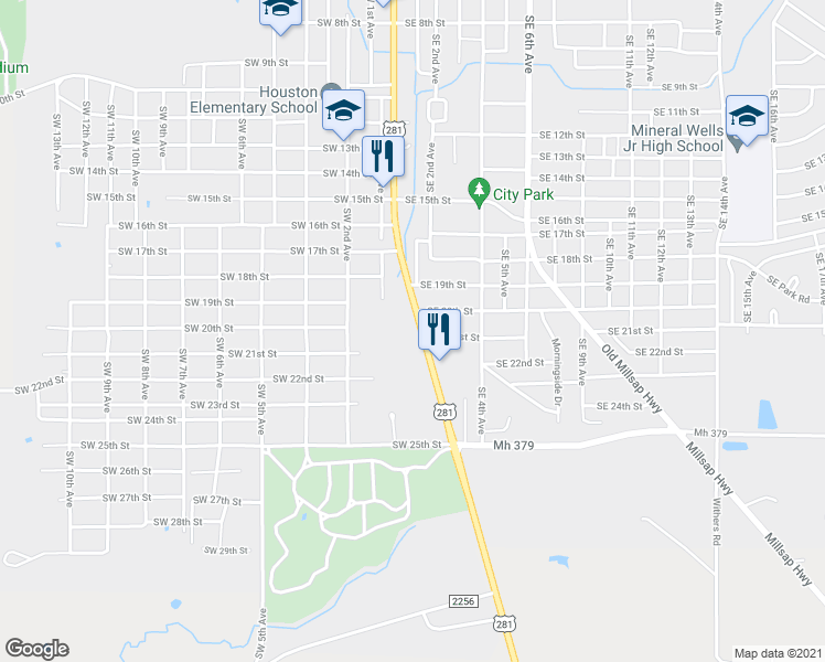 map of restaurants, bars, coffee shops, grocery stores, and more near 2200 South Oak Avenue in Mineral Wells