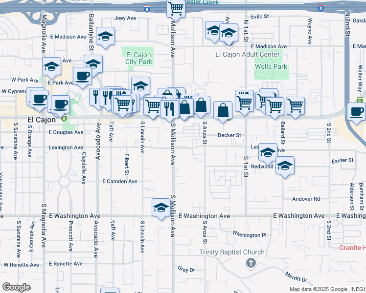 map of restaurants, bars, coffee shops, grocery stores, and more near 283 Lexington Avenue in El Cajon