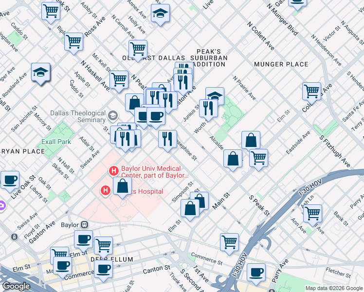 map of restaurants, bars, coffee shops, grocery stores, and more near Worth St & Josephine St in Dallas
