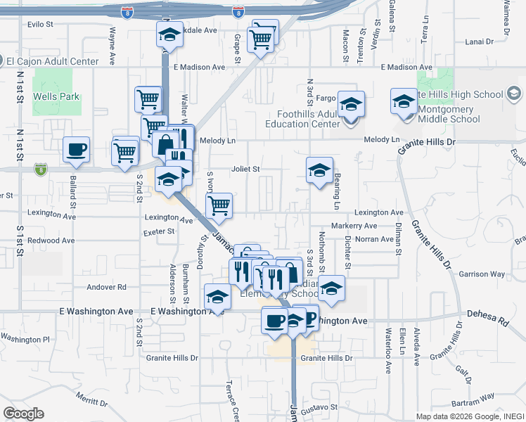 map of restaurants, bars, coffee shops, grocery stores, and more near 1430 East Lexington Avenue in El Cajon
