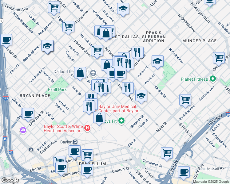 map of restaurants, bars, coffee shops, grocery stores, and more near 4010 Gaston Avenue in Dallas