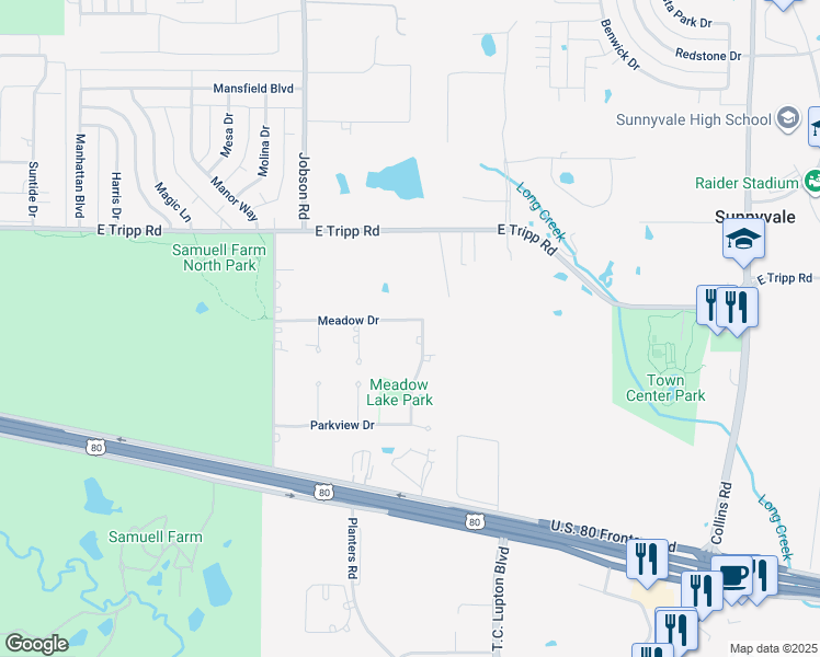 map of restaurants, bars, coffee shops, grocery stores, and more near 125 Lakeview Drive in Sunnyvale