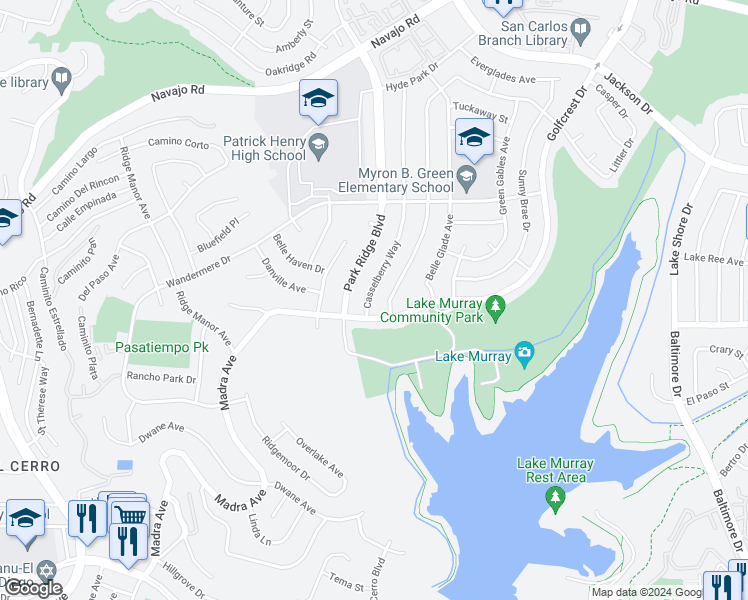 map of restaurants, bars, coffee shops, grocery stores, and more near 6377 Casselberry Way in San Diego