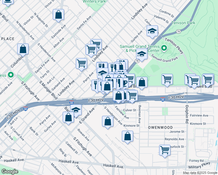 map of restaurants, bars, coffee shops, grocery stores, and more near 5439 East Grand Avenue in Dallas