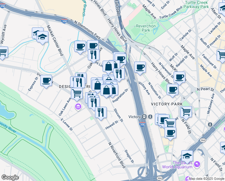 map of restaurants, bars, coffee shops, grocery stores, and more near 1512 Edison Street in Dallas