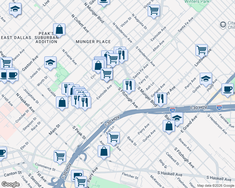 map of restaurants, bars, coffee shops, grocery stores, and more near 4827 Santa Fe Avenue in Dallas