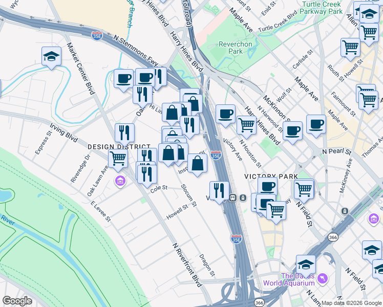 map of restaurants, bars, coffee shops, grocery stores, and more near 1531 Inspiration Drive in Dallas