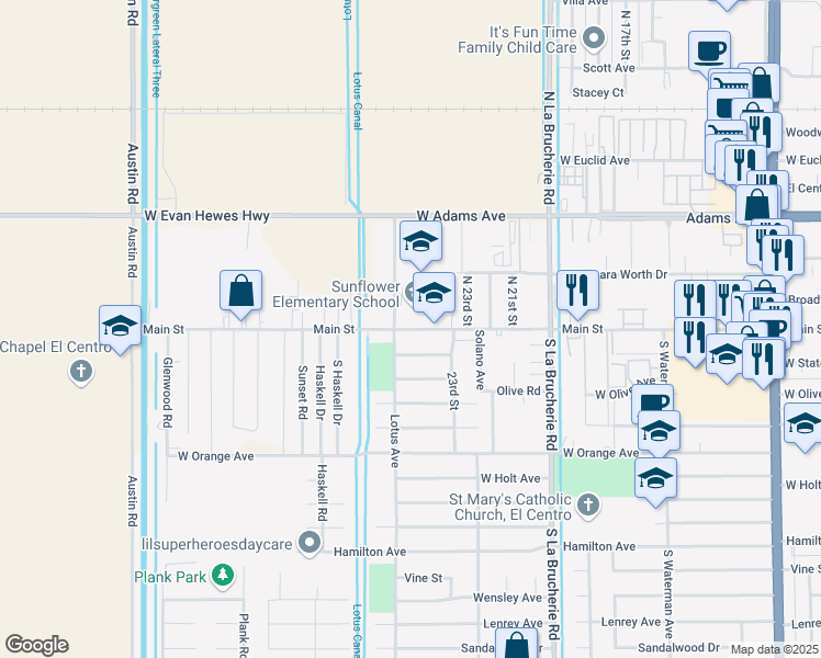 map of restaurants, bars, coffee shops, grocery stores, and more near 2450 Main Street in El Centro