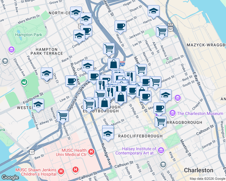 map of restaurants, bars, coffee shops, grocery stores, and more near 13 Bogard Street in Charleston