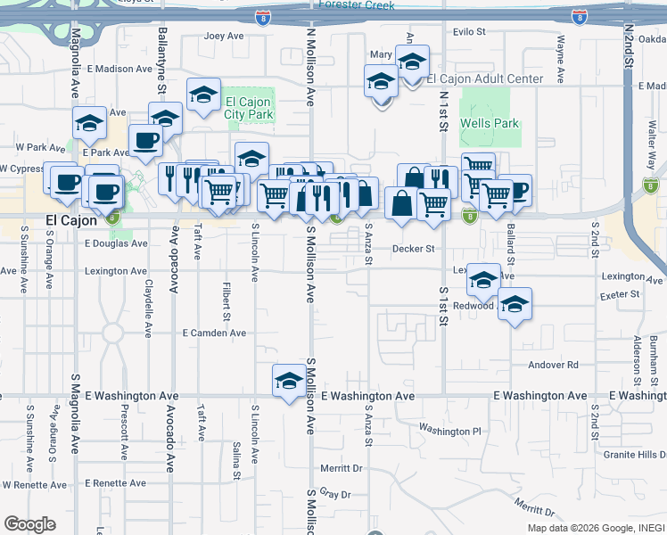 map of restaurants, bars, coffee shops, grocery stores, and more near 283 Lexington Avenue in El Cajon