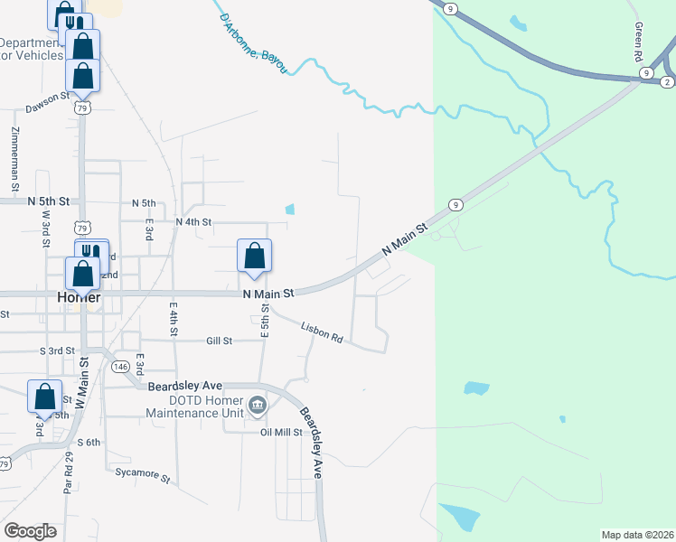 map of restaurants, bars, coffee shops, grocery stores, and more near 118 North Main Street in Homer