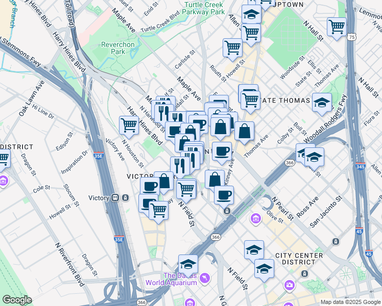 map of restaurants, bars, coffee shops, grocery stores, and more near 2600 North Harwood Street in Dallas