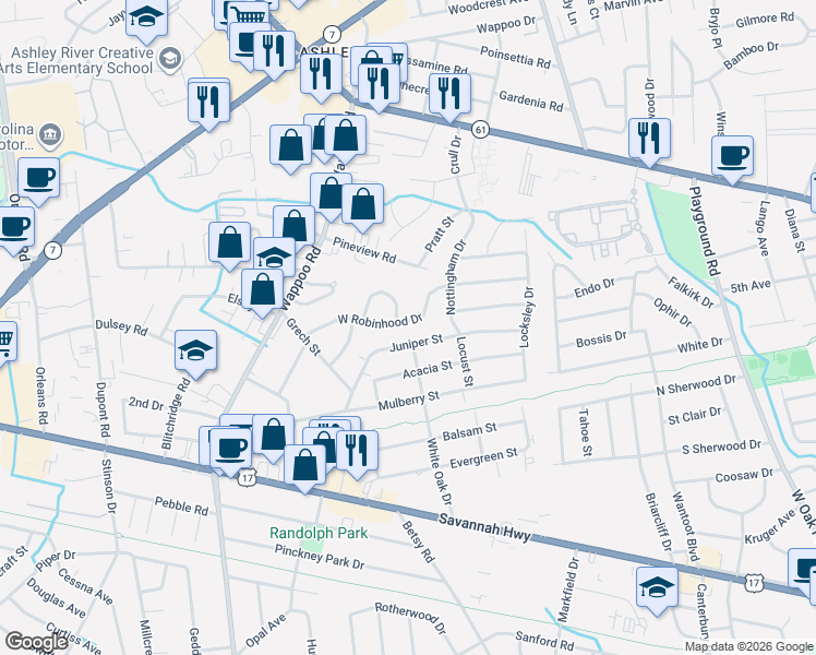 map of restaurants, bars, coffee shops, grocery stores, and more near 1607 West Robinhood Drive in Charleston