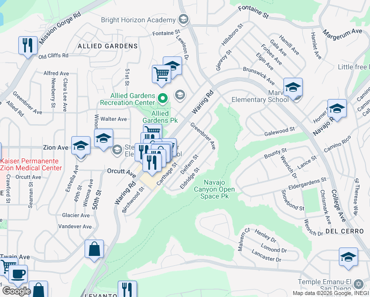 map of restaurants, bars, coffee shops, grocery stores, and more near 6672 Carthage Street in San Diego