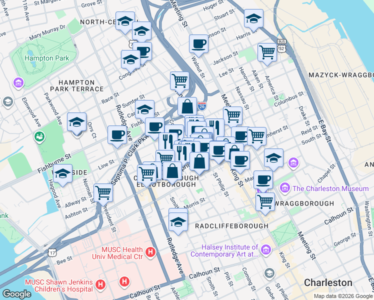 map of restaurants, bars, coffee shops, grocery stores, and more near 250 Coming Street in Charleston