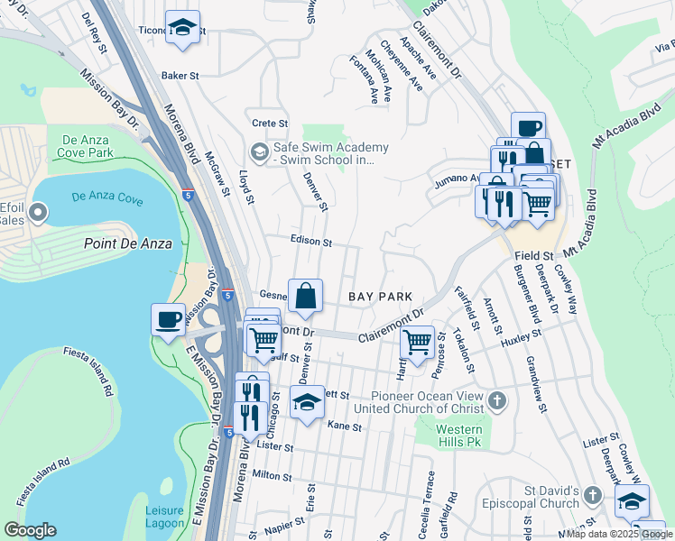 map of restaurants, bars, coffee shops, grocery stores, and more near 2910 Erie Street in San Diego
