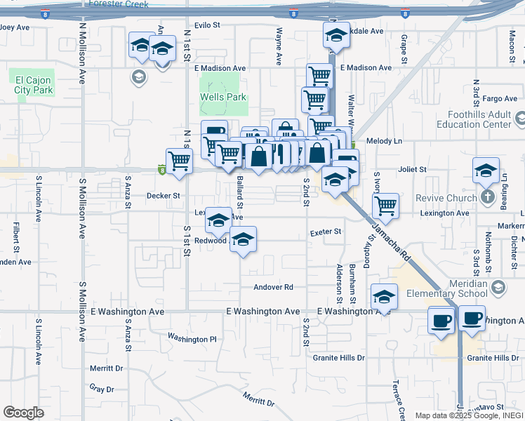 map of restaurants, bars, coffee shops, grocery stores, and more near 1234 Lexington in El Cajon