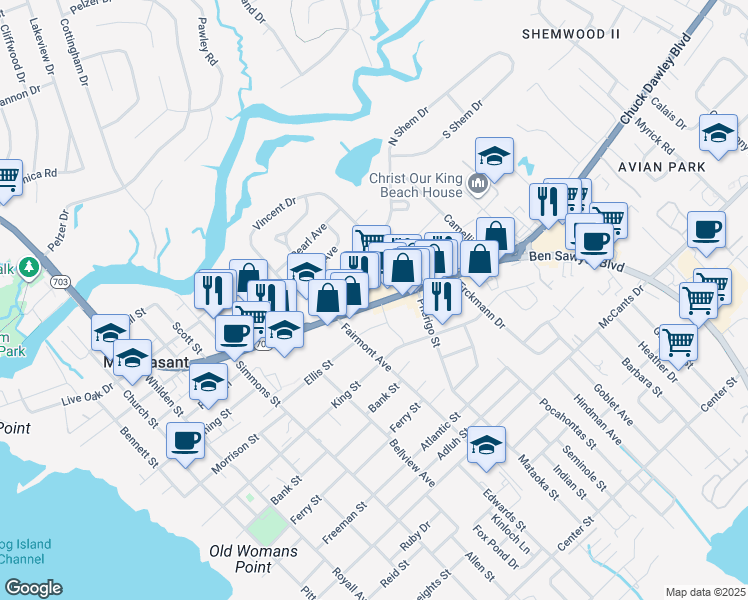 map of restaurants, bars, coffee shops, grocery stores, and more near 730 Coleman Boulevard in Mount Pleasant