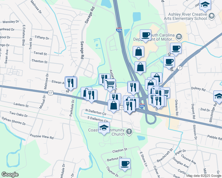 map of restaurants, bars, coffee shops, grocery stores, and more near 2144 Savannah Highway in Charleston